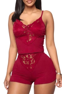 Pijama sexy dama, set 2 piese, top bretele reglabile si pantaloni scurti, model confortabil provocator, rosu