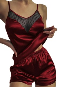 Pijama sexy dama, set 2 piese, top cu detaliu transparent la decolteu si pantaloni scurti, model confortabil elegant, rosu - Img 3