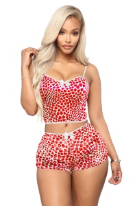 Pijama sexy dama, set 2 piese, top tip bustiera cu bretele subtiri si pantaloni scurti, model provocator, imprimeu grafic, inimioare, rosu