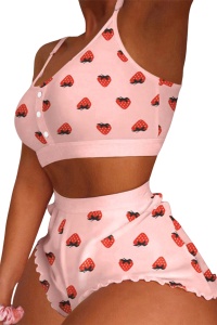 Pijama sexy dama, set 2 piese, top tip bustiera si pantaloni scurti, model cu imprimeu grafic, capsuni delicioase, roz