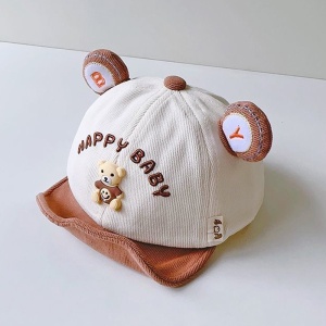 Sapca pentru copii, cozoroc curbat, accesorizata cu urechiuse, model simpatic si vesel, tematica happy baby, 6 luni – 2 ani, maro - Img 3