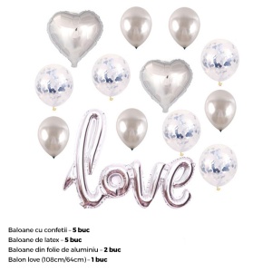 Set 13 baloane indragostiti, decor „Love“, simple si cu confeti, argintii - Img 2