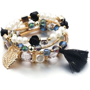 Set 4 bratari dama cu stil, simple si boeme, margele, trandafiri, frunza, din rasina, aurii cu negru,
