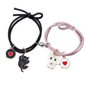Set bratari cu magnet, tip sfoara, model pisici jucause, cu accesorii inimioara, unisex, neagra si roz