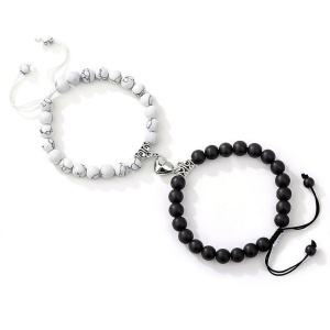 Set bratari cuplu cu inimioara magnet, roca semipretioasa, neagra si alba, reglabile, unisex