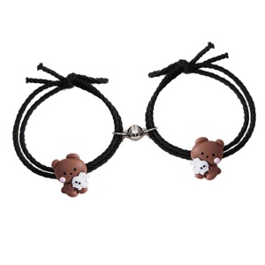 Set bratari cuplu cu magnet, 2 bucati, reglabile, tip sfoara neagra, pandantiv ursuleti, unisex