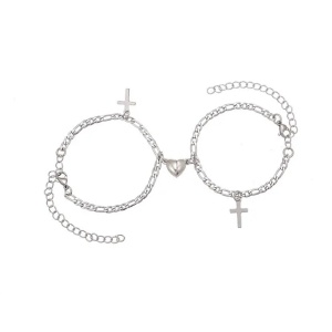 Set bratari cuplu cu magnet inimioara, accesoriu cruce, dimensiune reglabila, unisex, argintii