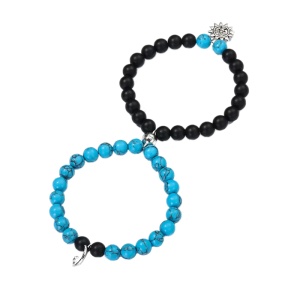 Set bratari cuplu cu magnet, roca semipretioasa, pandantive soare si luna, unisex, neagra si albastra