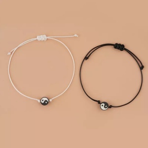 Set bratari cuplu, tip sfoara, pandantive rotunde ying si yang, reglabile, unisex, neagra si alba - Img 4