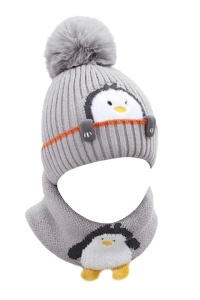 Set caciula copii cu fular pentru iarna, model pinguin vesel, 6 luni – 3 ani, gri