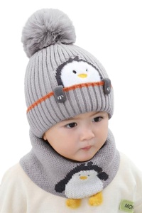 Set caciula copii cu fular pentru iarna, model pinguin vesel, 6 luni – 3 ani, gri - Img 2