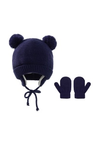 Set caciula copii cu manusi pentru iarna, model cu urechi pom pom, 1-4 ani, albastru