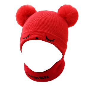 Set caciula iarna cu fular pentru copii, model cu urechi pom pom pufoase si sprancene, tematica love me more, marime universala, rosu