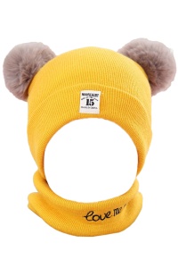 Set caciula pentru iarna cu fular pentru copii, model cu urechi pom pom, galben, marime universala