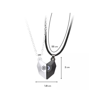 Set lant cuplu cu pandantiv inimioara magnet, model soare si luna, unisex, argintiu cu negru - Img 3