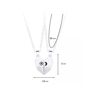 Set lant cuplu cu pandantiv inimioara magnet, model soare si luna, unisex, argintiu - Img 4