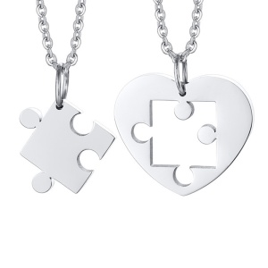 Set lant cuplu, cu pandantiv inimioara, model puzzle, unisex, argintiu, 2 buc