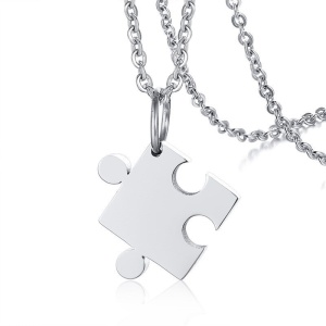 Set lant cuplu, cu pandantiv inimioara, model puzzle, unisex, argintiu, 2 buc - Img 2