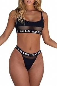 Set lenjerie sexy 2 piese, print sexy baby, bustiera si chilot tanga, negru