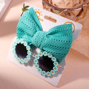 Set ochelari de soare pentru fetite cu funda supradimendionata pentru par, model floricele vesele, marime universala, verde - Img 3