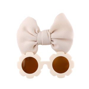 Set ochelari de soare pentru fetite, model rotund tip floare, accesorizat cu funda supradimensionata asortata, tematica fancy summer, marime universala, bej