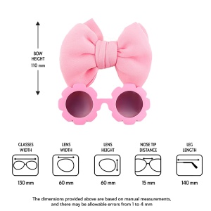 Set ochelari de soare pentru fetite, model rotund tip floare, accesorizat cu funda supradimensionata asortata, tematica fancy summer, marime universala, roz - Img 4