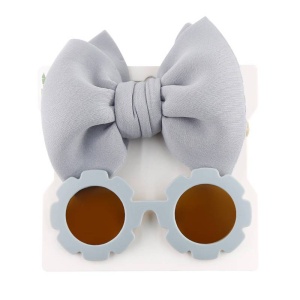 Set ochelari de soare pentru fetite, model rotund tip floare, accesorizat cu funda supradimensionata asortata, tematica fancy summer, marime universala, gri - Img 2