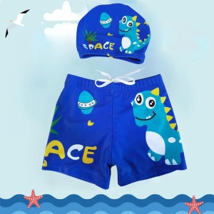 Set pantaloni de baie pentru baieti cu casca asortata, M2, tematica happy summer vibe, model dinozaur interstelar jucaus si extraterestrii prietenosi, albastru royal - Img 3