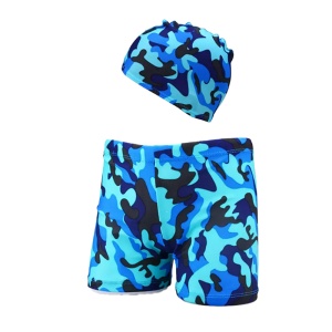 Set pantaloni de baie pentru baieti cu casca asortata, tematica lumea acvatica, model camuflaj abstract water sea symphony, turcoaz multicolor