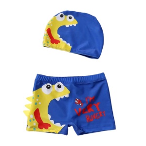 Set pantaloni de baie pentru baieti cu casca asortata, tematica lumea dinozaurilor acvatici, model dino pofticios I’m very hungry, albastru cu galben