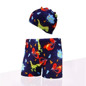 Set pantaloni de baie pentru baieti cu casca asortata, tematica lumea acvatica, model dinozauri prietenosi, albastru inchis - Img 3