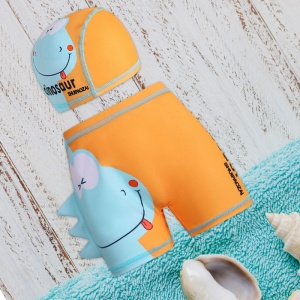 Set pantaloni de baie pentru baieti cu casca asortata, tematica lumea dinozaurilor acvatici, model dino vesel cu obrajori si limbuta, portocaliu - Img 2