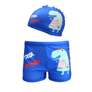 Set pantaloni de baie pentru baieti cu casca asortata, tematica petrecere pe plaja, model dino cool, albastru