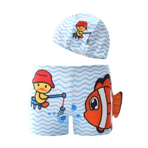 Set pantaloni de baie pentru baieti cu casca asortata, tematica petrecere de vara, model puiut la pescuit, albastru deschis