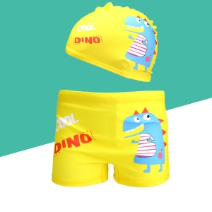 Set pantaloni de baie pentru baieti cu casca asortata, tematica petrecere pe plaja, model dino cool vesel, galben deschis - Img 3