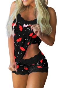 Set pijama, haine de stat in casa sexy cu dantela, 2 piese, negru