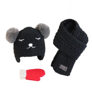 Set trei piese, caciula pentru copii, model pom pom cu ochisori si nasuc, fular moale si manusi calduroase, tematica ready for snow, 1 – 4 ani, neagra