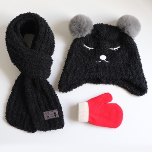 Set trei piese, caciula pentru copii, model pom pom cu ochisori si nasuc, fular moale si manusi calduroase, tematica ready for snow, 1 – 4 ani, neagra - Img 3