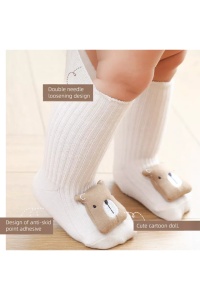 Sosete copii, calduroase, antiderapante, accesorizate, bej cu ursulet maro - Img 3