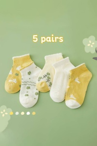 Sosete copii, set 5 perechi, model dragalas, print cu iepurasi si floricele, tematica baby steps– 1 ani, galben cu alb - Img 2