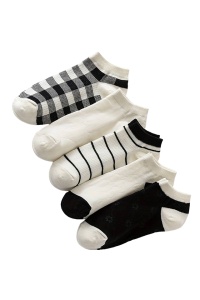 Sosete dama, set 5 perechi, model clasic, scurte pana la glezna, tematica minimalistic fashion, marimea 36 – 42, alb cu negru