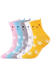 Sosete dama, set 5 perechi, model simpatic cu botic si pernute de pisica, tematica I love cats, marime 38 – 42, multicolore - Img 3