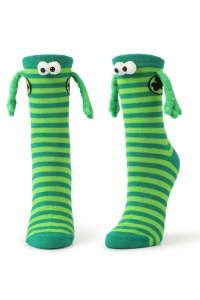 Sosete haioase, model vesel accesorizat cu manute cu magnet si ochisori, imprimeu norocos trifoi cu patru foi, tematica let's be friends, unisex, marime 36-42, verde deschis cu verde