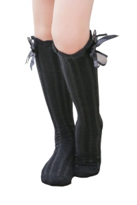 Sosete pentru fetite, model cu fundita cute, pana la genunchi, tematica casual style, negre