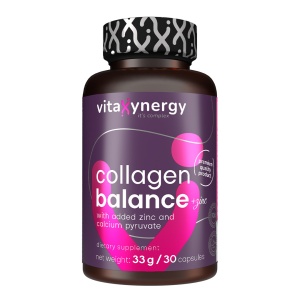 VITAXYNERGY COLLAGEN BALANCE + ZINC 30 capsule - Suport pentru Sanatatea Pielii, Articulatiilor si Oaselor, Colagen + Acid Hialuronic, Zinc, CLA si Garcinia Cambogia, Aprobat de Ministerul Sanatatii, Certificat FDA, GMP, Halal