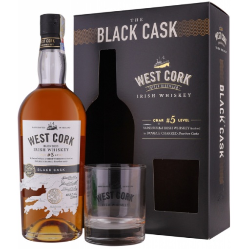 West Cork Black Cask Cu Pahar 0.7L – Whisky Irlandez Premium Îmbătrânit în Butoaie de Bourbon, Cu Set Cadou Elegant