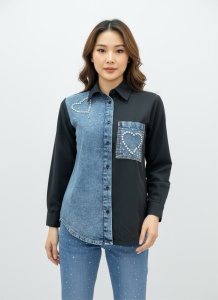 Cămașă damă neagră cu denim și aplicații – design modern, mânecă lungĂ