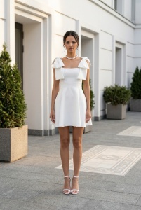 Rochie albă elegantă cu funde pe umeri – rochie scurtă feminină - Img 4