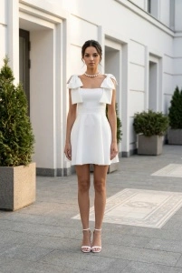 Rochie albă elegantă cu funde pe umeri – rochie scurtă feminină - Img 4