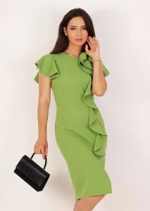 Rochie elegantă verde fistic cu volane și aplicație florală 3D - Img 4